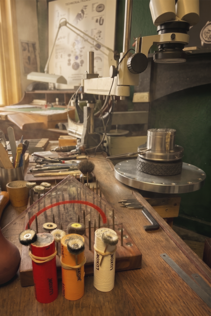 Une composition photographique d'artisanat horloger et de gravure sur un fond sombre. Au centre, un livre ouvert intitulé "La Gravure de Platines" et "L'École des Graveurs". À gauche, deux montres de luxe RBaptiste terminées avec des cadrans gravés à la main (un cadran clair, un cadran sombre). À droite, deux modules de mouvement horloger exposés. En bas, une pièce d'armurerie gravée et des plaques de présentation en métal gravées "Roland Baptiste". Thème : artisanat d'art, horlogerie indépendante et gravure traditionnelle.