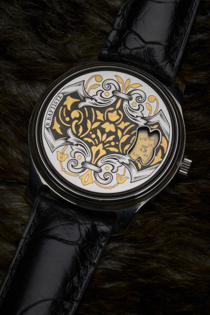Montre de luxe Léopold RBaptiste avec boîtier et cadran entièrement gravés main de motifs acanthus.