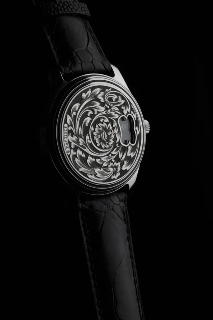 Montre de luxe Léopold RBaptiste avec boîtier et cadran entièrement gravés main de motifs Louis XVI