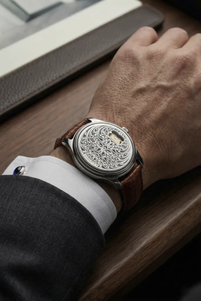 Montre RBaptiste au cadran richement gravé main, portée au poignet d'un homme en costume gris et chemise blanche avec boutons de manchette.