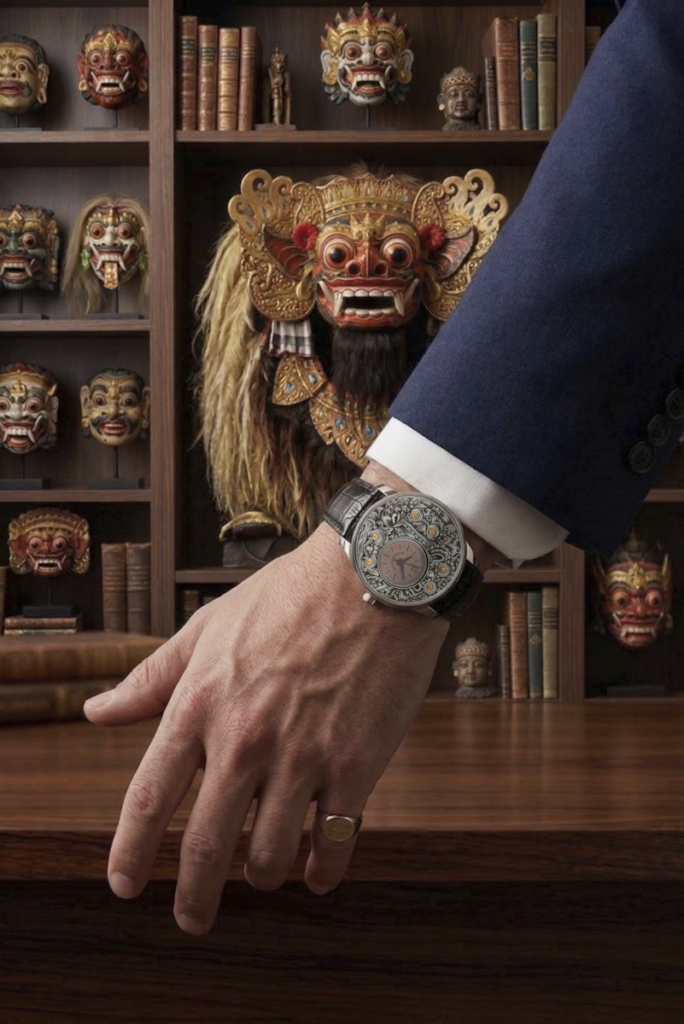 Gros plan de la main d'un homme en costume portant une montre RBaptiste complexe au cadran ornemental gravé main, vue de côté. En arrière-plan, un grand masque Barong balinais orné, flou. Sur un bureau en bois.