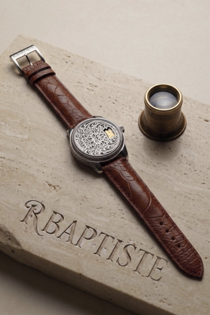 Gros plan sur une montre de luxe RBaptiste. Le cadran est une œuvre d'art complexe, symétriquement gravée à la main au burin avec des motifs ornementaux et des aiguilles dorées. Boîtier en acier poli et bracelet noir texturé. Sur un fond d'écrin de marque.