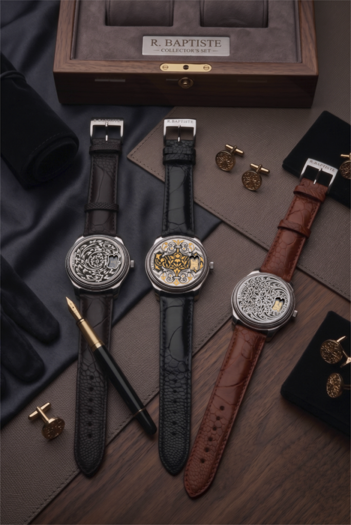 Montre de luxe Léopold RBaptiste avec boîtier et cadran entièrement gravés main de différents motifs.