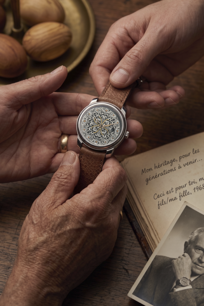 Mains tenant délicatement une montre RBaptiste au cadran gravé à la main, posée au-dessus d'un carnet manuscrit évoquant la transmission. Création de l'horloger indépendant Roland Baptiste.