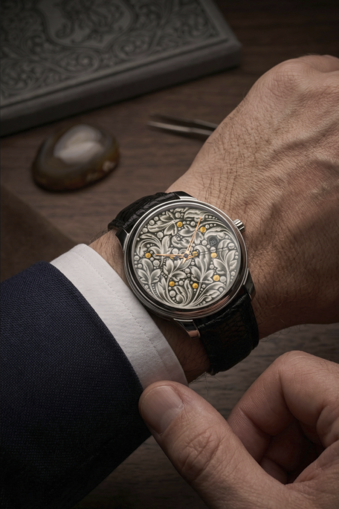 Montre de luxe RBaptiste portée au poignet par un homme en costume. Cadran minutieusement gravé à la main au burin, bracelet en cuir sombre, ambiance bureau d'affaires.