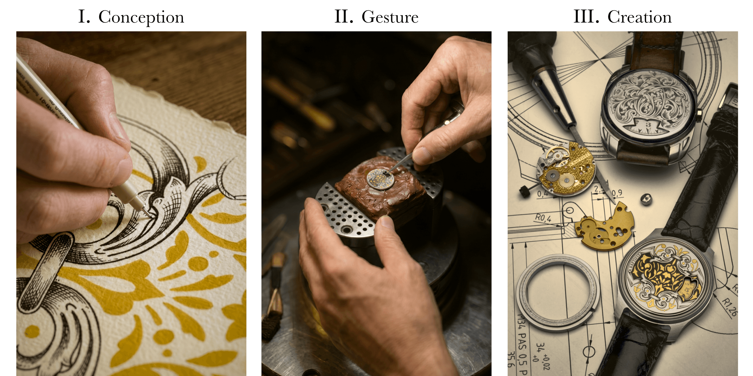 A creative triptych detailing the birth of an RBaptiste watch: from an Art Nouveau freehand ornamental drawing on paper, to precision burin engraving on a dial component, to the final completed timepieces